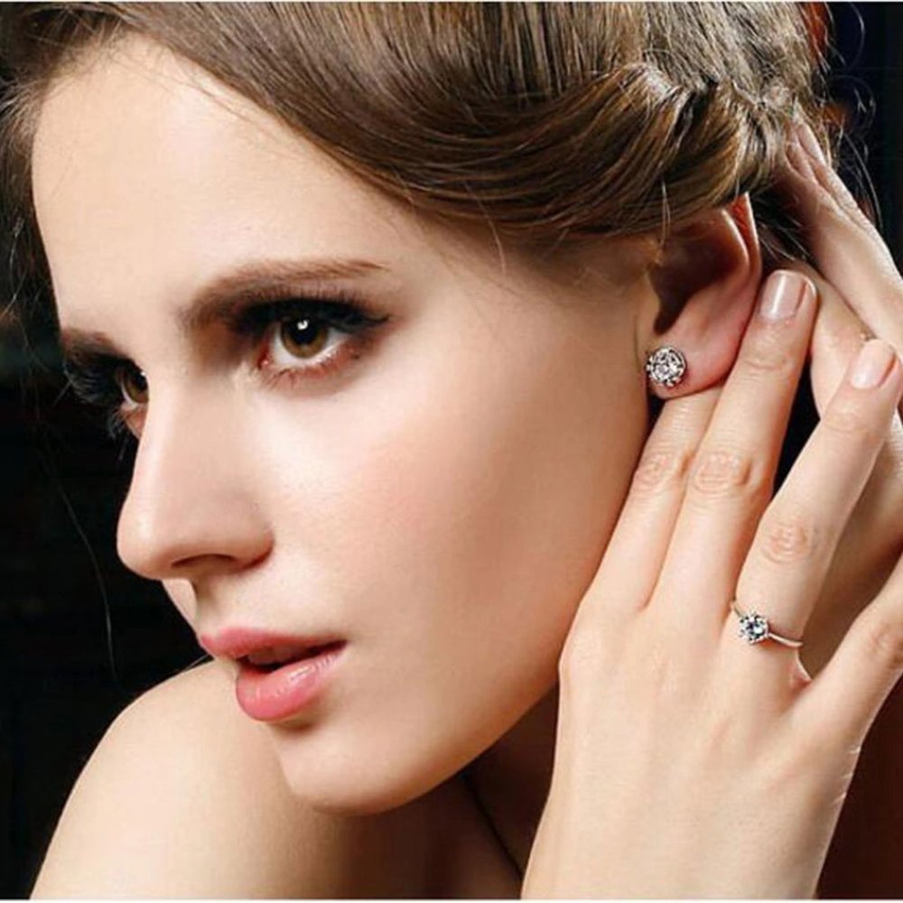 925 Sterling Silver Diamond Crown Stud Earrings - Picture 3 of 7